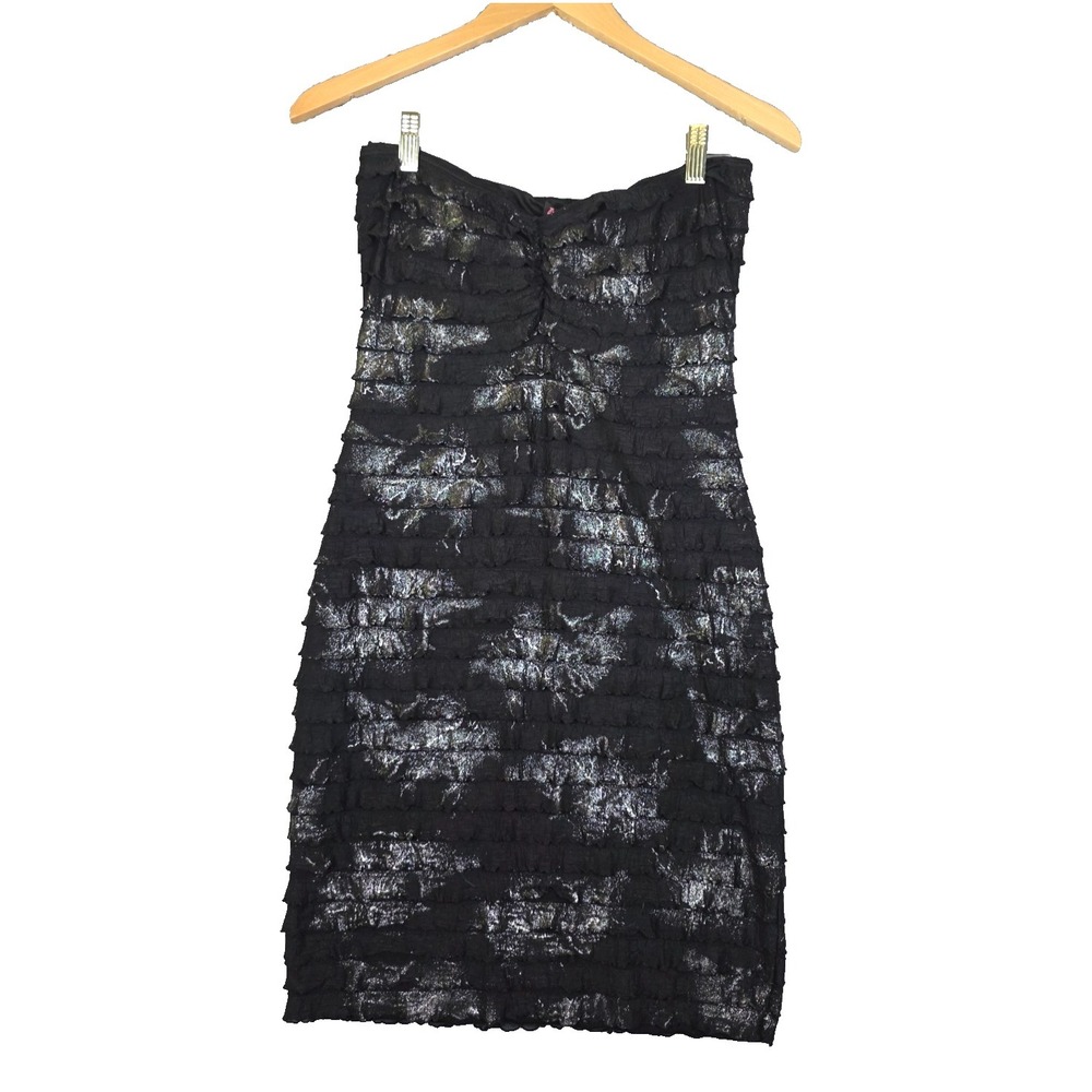 VTG Betsey Johnson Collection Dress S Black Silver Metallic Ruffle Strapless Y2K